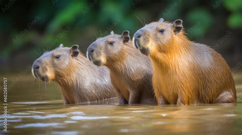 Capybara family in natural habitat. Generated AI Stock Illustration | Adobe Stock