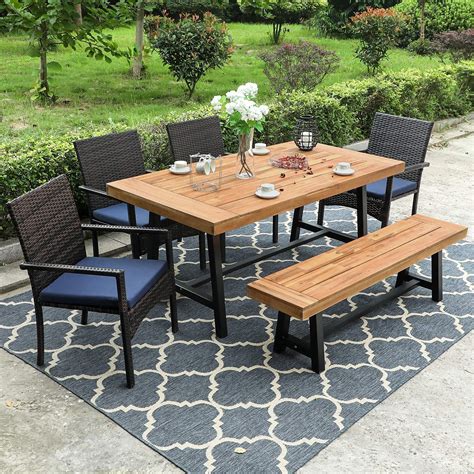 MF Studio 6PCS Patio Dining Set with 4PCS Outdoor Dining Chairs, 1PC Acacia Wood Table and Bench ...