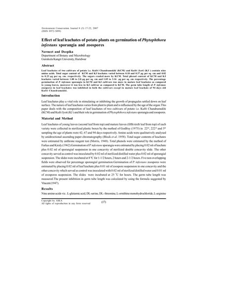 (PDF) Effect of leaf leachates of potato plants on germination of Phytophthora infestans ...