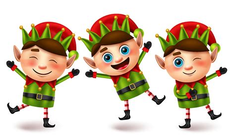 Elfs christmas characters vector set. Elf cute character in fun and joyful facial expression ...