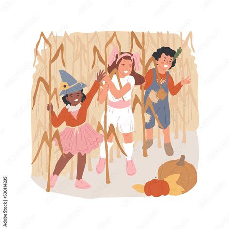 Corn maze isolated cartoon vector illustration. Group of smiling and happy kids in costumes at ...