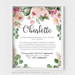 Charlotte Name Meaning,floral Name Wall Art,custom First Name,personalized Given Name,baby ...