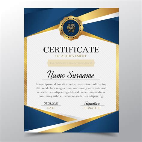 Plantilla de certificado con diseño elegante de oro y azul de lujo, graduación de diseño de ...