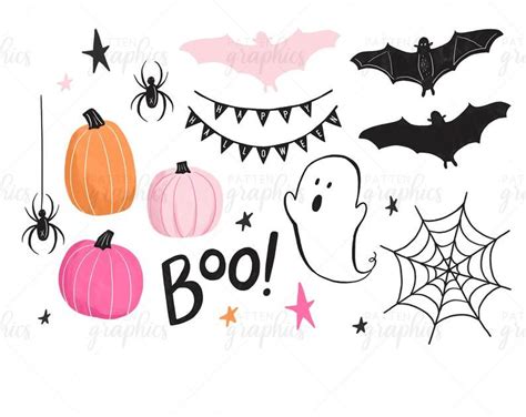 Cute Halloween Clipart, Pink Halloween Clipart, Pink Pumpkin Clip Art, Happy Hand-drawn Ghost ...