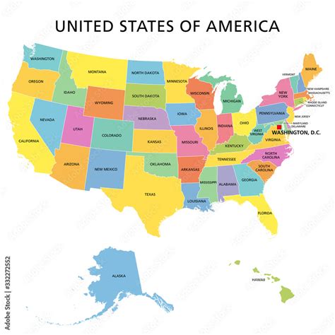 United States of America, multi colored political map. 50 states with own geographic territory ...