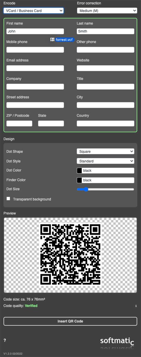 Create a QR code with contact data, VCard or business card