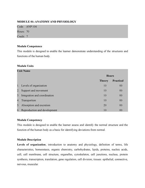 Anatomy AND Physiology Course Outline - MODULE 01: ANATOMY AND PHYSIOLOGY Code: ANP 104 Hours ...