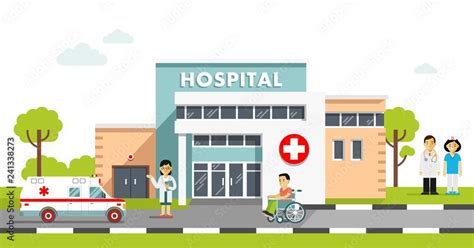 Medical concept with hospital building and doctor in flat style. Panoramic background with ...