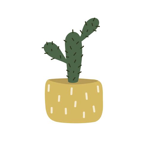 Cactus grows in a pot. Decorative indoor plant with green leaves in a pot. Prickly cartoon ...