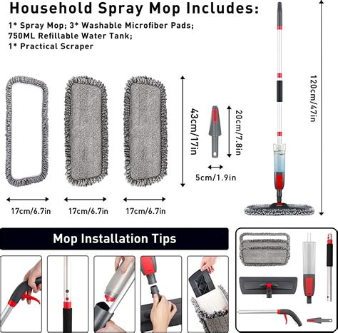 120CM Spray Mop for Floor Cleaning | Microfiber Hardwood Floor Mop with 3 Pads and Scraper