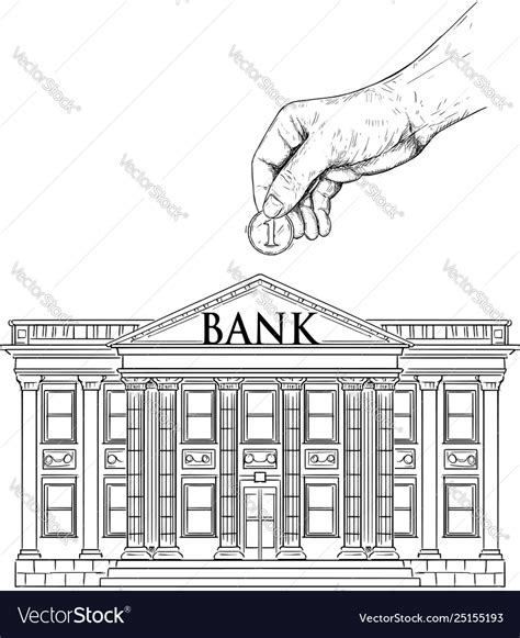 Drawing hand putting coin in classic bank Vector Image