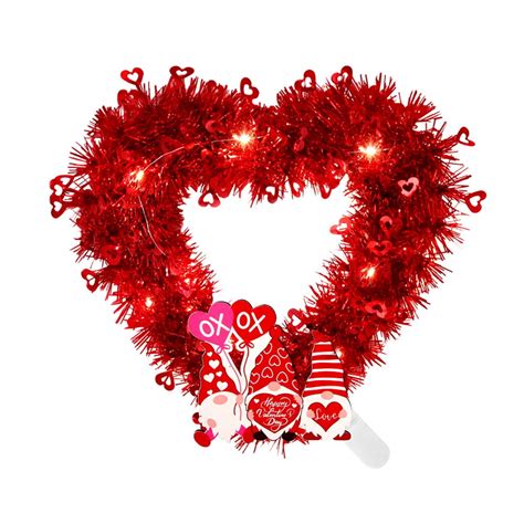 Pre-Lit Valentine's Day Heart Shaped Wreath,Lighted Tinsel Red Heart Wreaths for Front Door ...