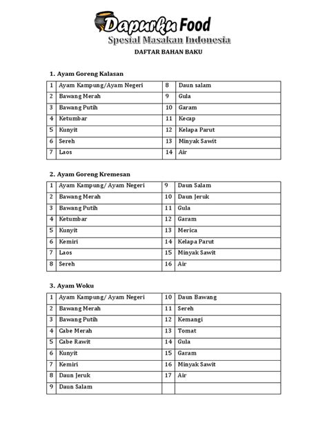 Daftar Bahan Baku Dapurku Foods | PDF