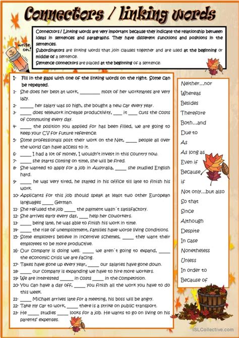 Connectors / linking words linking i…: English ESL worksheets pdf & doc