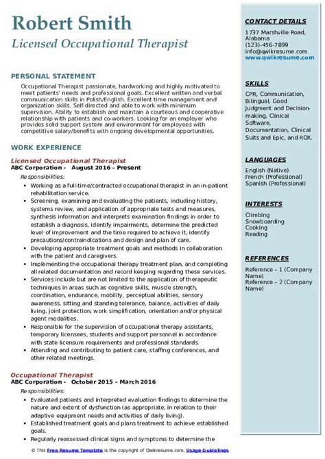 Occupational Therapist Resume Samples | QwikResume