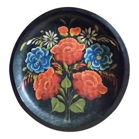 Vintage Mexican Folk Art Wood Floral Hanging Plate | Chairish