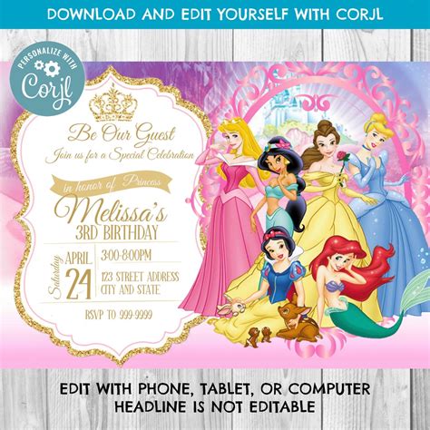 INSTANT DOWNLOAD Princess Invitation Princess Birthday Invitation Princess Birthday Invite ...