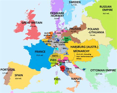 Map showing population of European countries 1789, on the eve of French Revolution : europe