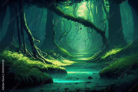 Fantasy old forest. Concept art of magical ancient worlds. Big trees, surreal atmosphere ...