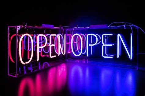 Neon Blue Open - Kemp London - Bespoke neon signs and prop hire. | Neon, Neon lighting, Neon signs