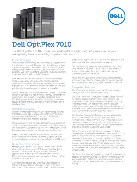 Dell Optiplex 7010 Spec Sheet | Intel | Multi Core Processor