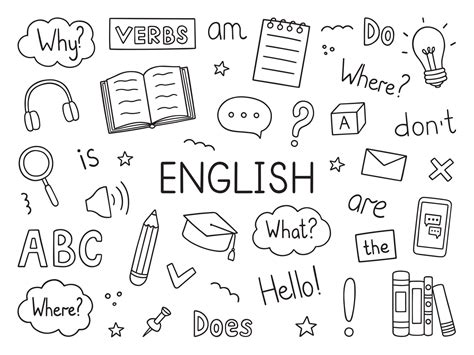 Learning English doodle set. Language school in sketch style. Online language education course ...