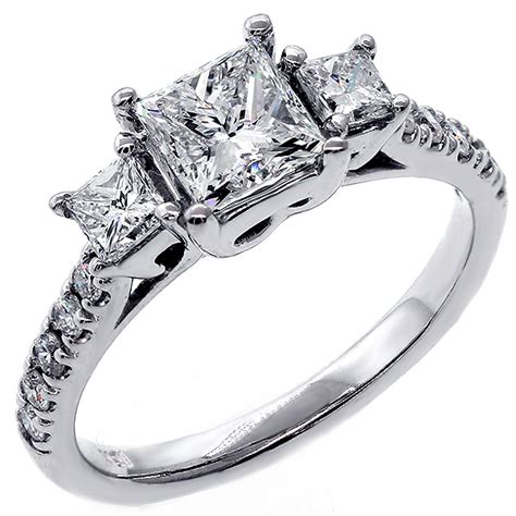 1.92 Cts Three Stone Princess Cut Diamond Engagement Ring set in 18K White Gold,Cheap Diamond ...