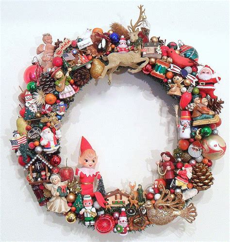 Christmas Wreath with Vintage Ornaments Kitsch Americana