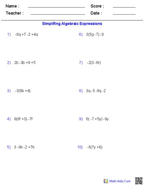 Pre-Algebra Worksheets | Algebraic Expressions Worksheets