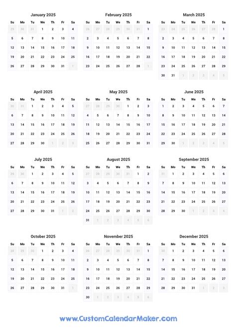 Printable Yearly Calendar 2025 - Full Year at a Glance