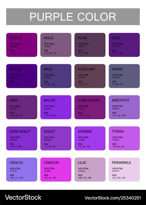 Purple color codes and names selection colors Vector Image