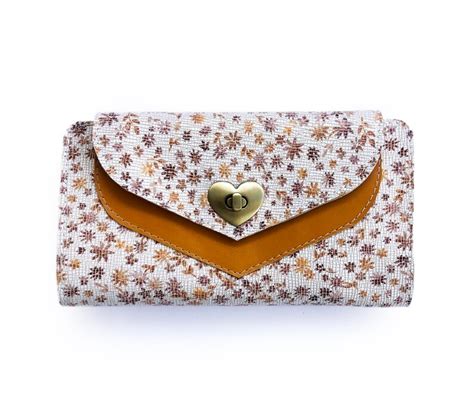 Floral Leather Wallet, Vintage Style Wallet for Women, Women's Leather Wallet, White and Mustard ...