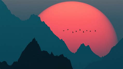 Download wallpaper 2048x1152 sunset, mountains and birds, big sun, silhouette, dark, dual wide ...