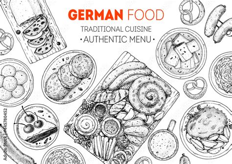 German food menu sketches. Design template. Hand drawn illustration. German cuisine. Black and ...