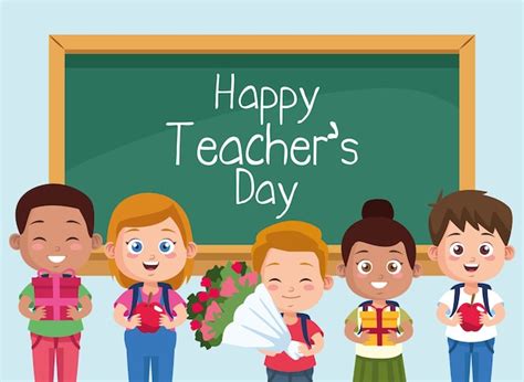 Premium Vector | Happy teachers day scene with students kids in classroom.