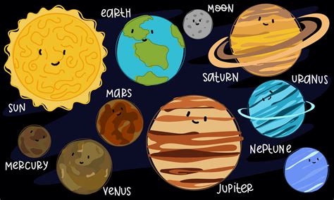 Colorful planets of the solar system in order with lines in space. Cartoon bright planets of the ...