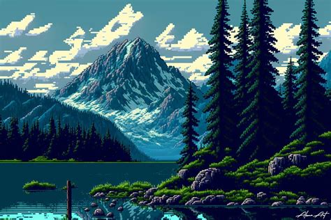 Mountain Lake Landscape Pixel Art Graphic by Alone Art · Creative Fabrica