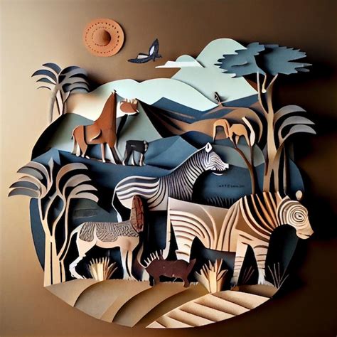 Premium AI Image | Safari landscape with animals Multidimensional paper art 3D illustration