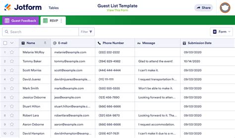 Guest List Template | Jotform Tables