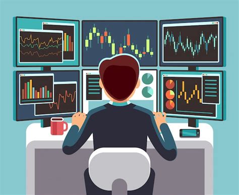 Premium Vector | Stock market trader looking at multiple computer ...