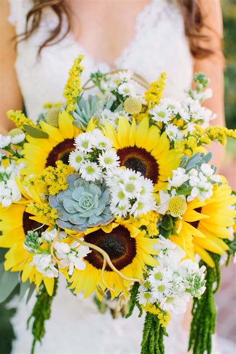 Bright Sunflowers, Succulent and Daisy Bouquet | Yellow wedding flowers, Wedding flowers summer ...