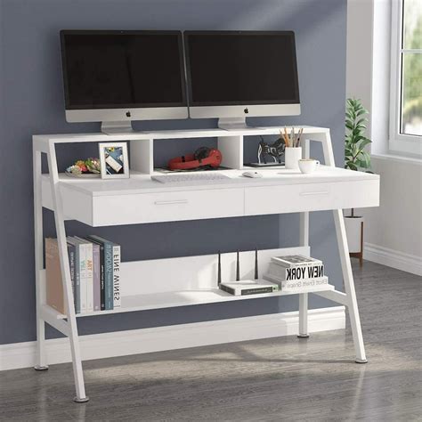 Tribesigns Computer Desk with Storage Shelf & Drawers, Modern 47 inch Office Writing Desk Study ...