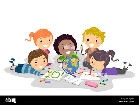 Illustration of Stickman Kids Drawing the Globe for Geography Class Stock Photo - Alamy