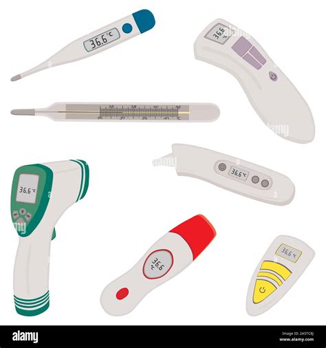 Illustration on theme big colored set different types of thermometers for hospital. Thermometer ...