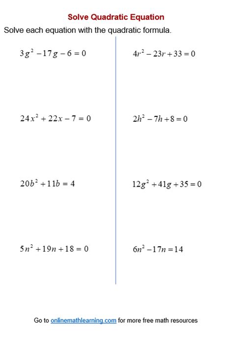 Quadratic Formula Worksheets (printable, online, answers, examples)