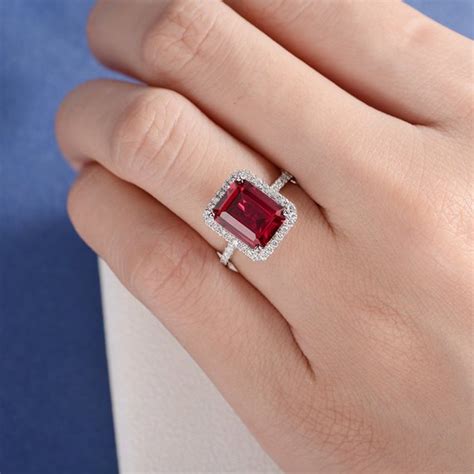 8*10mm Emerald Cut Lab Ruby Diamond Halo Engagement Ring