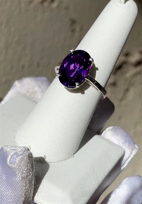 Large Amethyst Solitaire Ring Sterling Silver Classic Style Design