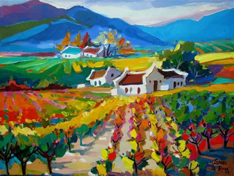 an oil painting of a vineyard with mountains in the background and houses on either side