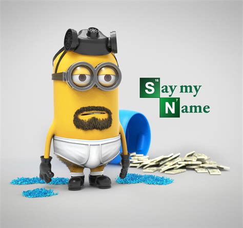 a cartoon minion with glasses and mustache next to some blue plastic barrels that say say my name