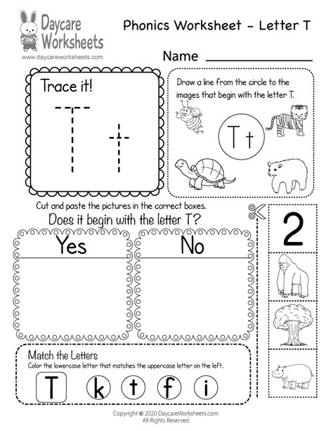 Free Printable Letter T Beginning Sounds Phonics Worksheet for Preschool